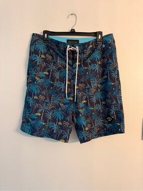 American Eagle Outfitters Navy & Teal Palm-Print Swim Shorts